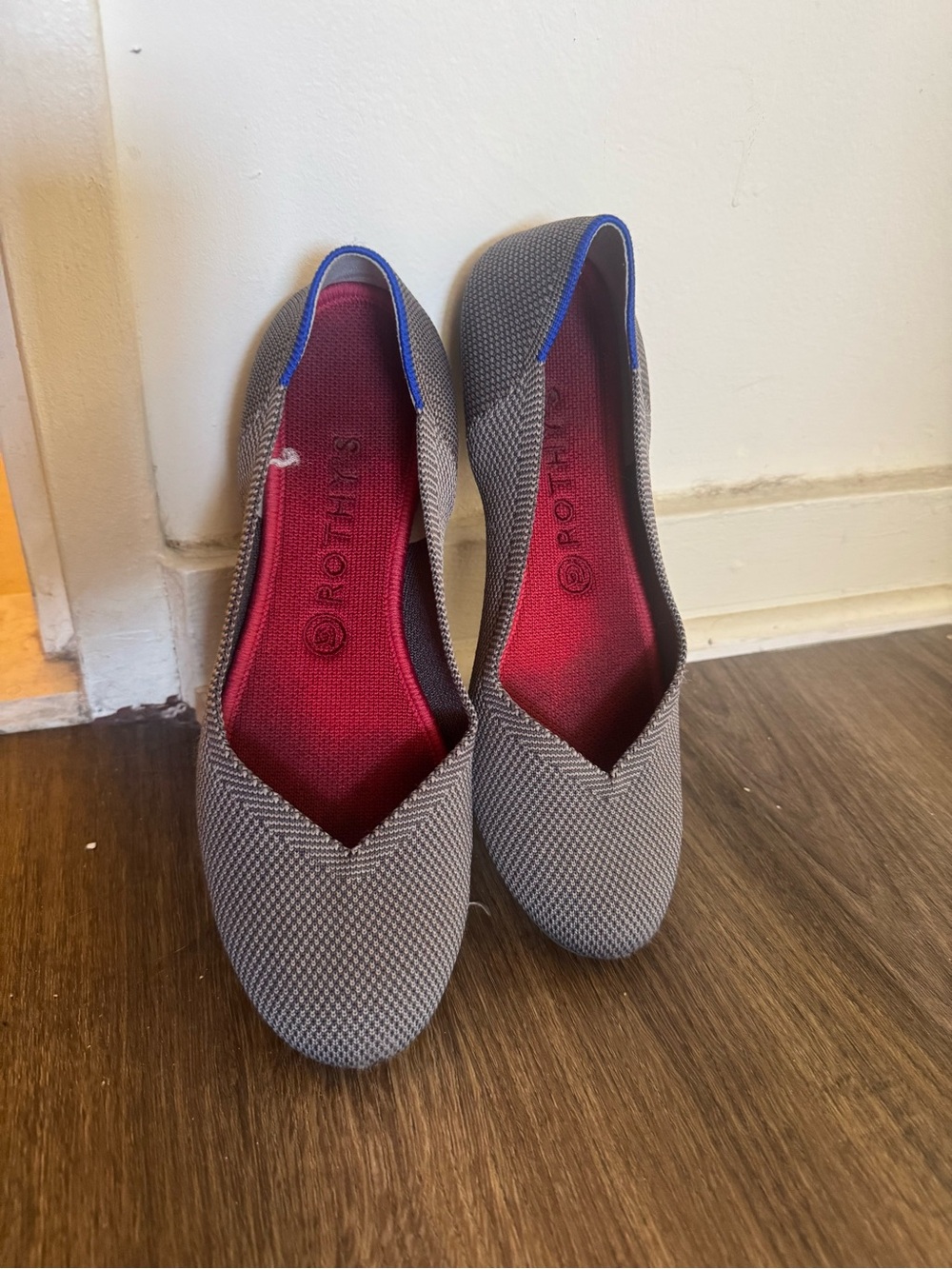 Rothy's Grey Pointed Knit Flats with Red Insole and Blue Trim